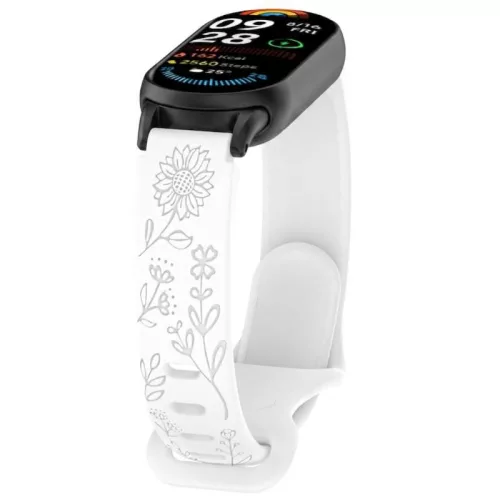  Xiaomi Smart Band 8/9/10 lézergravírozott szilikon okoskarkötő pótszíj -fehér (virág minta)