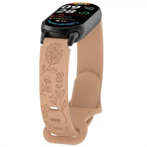  Xiaomi Smart Band 8/9/10 lézergravírozott szilikon okoskarkötő pótszíj - tejeskávé (virág minta)